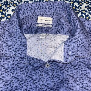 Lucky Brand Slim Fit Button Down Shirt Palm Print Blue Mens XL Long Sleeve